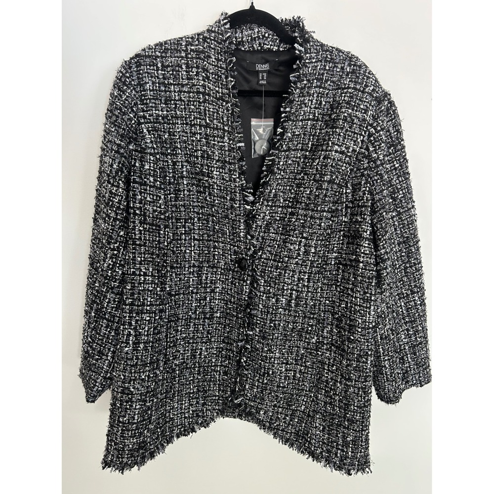 Dennis by Dennis Basso NWT Womens 24W Black White Tweed Fringe Blazer Jacket